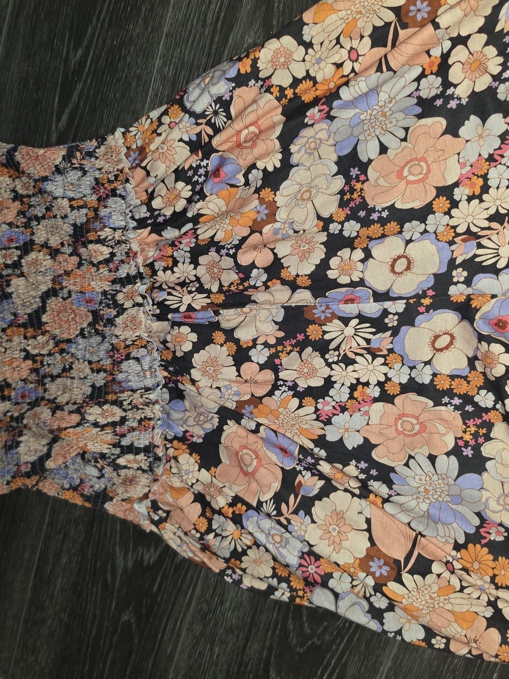 SHEIN Black Floral Smocked-Waist Jumpsuit with Peach & Blue Blooms